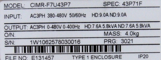 YASKAWA​ CIMR-F7U43P71F DRIVE 380-480VAC 5HP 7.6AMP 3PHASE Industrial Servo Drives